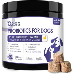 NATURE TARGET Probiotics for Dogs, Duck Flavored Dog Probiotics with Prebiotics and Digestive Enzymes for Dog Gut Health, Vitamins and Omega 3 for Skin & Coat & Immune Health - 120 Treats