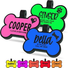 Dog Tag Engraved for Pets Personalized, Durable & Silent Silicone Dog ID Tags w/Deep Engraved 6 Lines of Text - 20 Icons, 14 Fonts, 8 Photoluminescent Colors, Bone Shaped