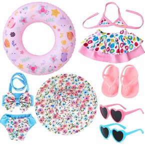 18 inch Doll Clothes and Accessories-2 Sets of Doll Swimsuit, 18" Doll Flip Flops Shoes, Hat, Swim Ring and 2 Pairs of Glasses Create American Doll's Summer Look 18in Doll Bikini Accessories