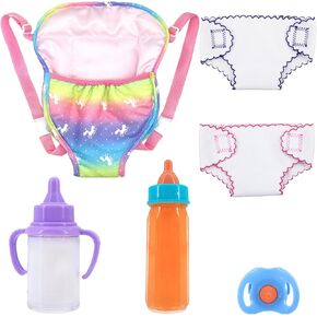 6 Pcs Carrier Play Set for Dolls with Toy Diapers & Bottles, Doll Carrier Accessories for Toy Animal Carriers/American Dolls 12 in to 18 in Dolls Adjustable Straps for Little Girls
