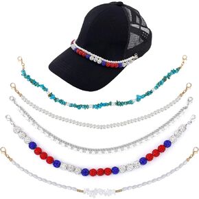 5pcs Trucker Hat Brim Chain for Man & Women, Detachable Pearl Beaded Cap Chain Strap Fashionable Metal Charm Baseball Hat Bar Supplies Decoration for Cap Jewelry DIY Accessories