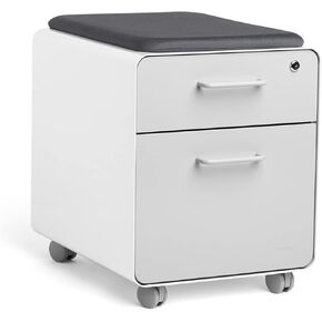 Poppin Mobile Mini Sittable Stow Rolling File Cabinet - White & Light Gray w Dark Gray Seat Cushion. Two Locking Drawers & One Key Lock. Two Keys Included. One Utility Drawer & One Hanging File Drawer