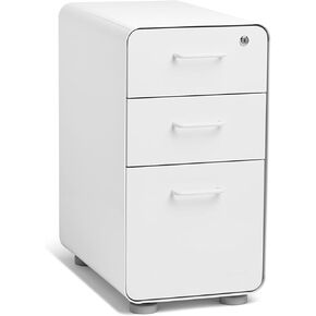 Poppin Slim Stow 3-Drawer File Cabinet - White. 2 Utility Drawers and 1 Vertical Hanging File Drawer. Fully Painted Inside and Out. Powder-Coated Steel. Two Keys Included