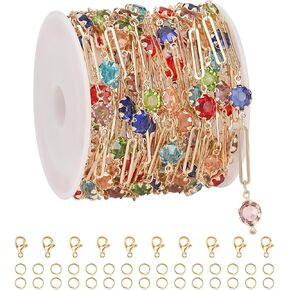 KYUNHOO 13 Feet Mix Colored Rectangular Rhinestone Chain Spool Paperclip Chain Links Gold Plated Chains for Jewelry Making Brass Chain Bulk with Jump Rings and Lobster Clasps