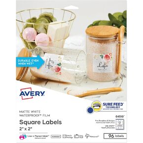 Avery Durable Waterproof Labels, Sure Feed Technology, 2" x 2" Square Labels, Oil-Resistant, Print-to-The-Edge, Laser/Pigment-Inkjet, 96 Total (64510)