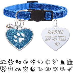 CAMAL Cat Collar Personalized with Glitter Cat Name Tag, Customized Cat Collar Breakaway with Bell, Adjustable Kitten Collar for Girls & Boys (Pink)