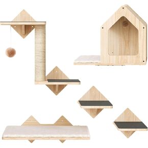 HOOBRO Wood Cat Wall Shelves, Set of 5 Cat Wall Mounted Furniture, Climbing Shelves with House, Steps, Scratching Post, Perch, Sturdy and Anti-Slip, Natural NL43CS03G1