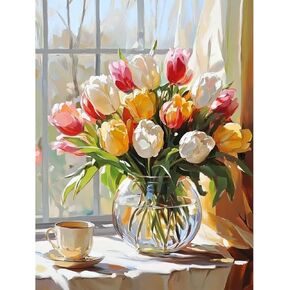 QENSPE DIY Arcylic Paint by Number,Tulips Painting Kits for Adults,Canvas Painting Tool Set for Beginners in Flowers,Home Wall Decor 12x16 Inch