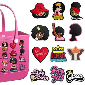 Hikkcos 12Pcs Black Girl Charms for Bogg Bag Accessories Decoration for Simply Southern Beach Totes,Rubber Beach Totes Accessories