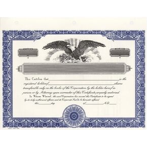 HUBCO Corporate Stock Certificates, Blank, Blue, 15-Pack