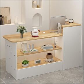 Reception Counter Desk, Modern Retail Counter, Front Desk Reception Room Table, Retail Counter with Display Shelf & Drawers, for Checkout, Lobby, Salon, Retail, Store Shop Clinic Office, Beauty Salon