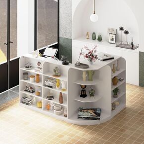 FAMAPY L-Shaped Reception Desk with 3 Drawers & Open Shelves, Retail Counter Front Desk Reception Counter with Cabinet, Countertop, for Shop Bar White (70.9"W x 47.2"D x 39.4"H)