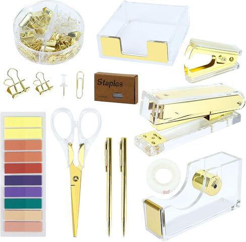 Buqoo 11PCS Acrylic Office Supplies Kit, Stapler and Tape Dispenser Set with Staple Remover, Sticky Note Holder, Pen, Scissor, Paper Clips, Dovetail Clips, Push Pins, Index Stickers Desk Accessories in Saudi Arabia
