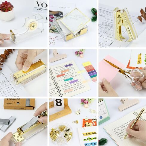 Buqoo 11PCS Acrylic Office Supplies Kit, Stapler and Tape Dispenser Set with Staple Remover, Sticky Note Holder, Pen, Scissor, Paper Clips, Dovetail Clips, Push Pins, Index Stickers Desk Accessories in Saudi Arabia