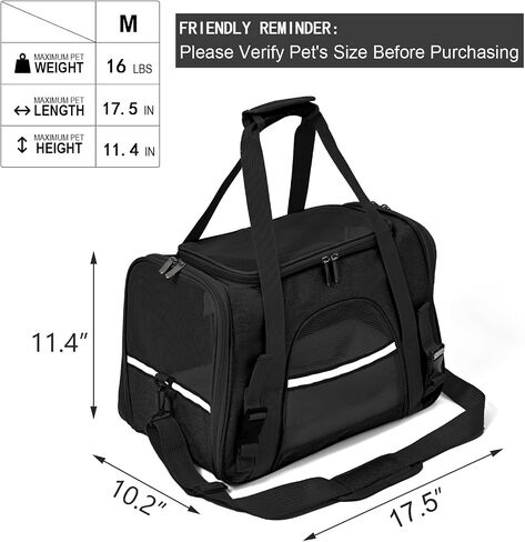 Dog Cat Carrier Soft for Small Medium Pet Up to 16 Lbs TSA Airline Approved Travel Carrier Collapsible Puppy Car Mesh Bag 17.5 * 10.2 * 11.4 inch - Black in Kuwait