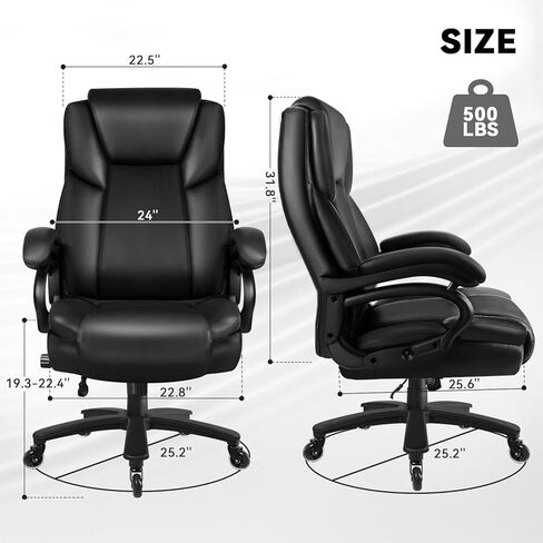 كرسي المكتب الكبير والطويل 500 رطل ، كرسي جلدي للمكاتب التنفيذية الثقيلة للأشخاص الثقيلين ، كرسي المكتب المريح العالي مع الدعم القطني وعجلات مطاطية هادئة ، مقعد مبطن إضافي ، أسود in Kuwait