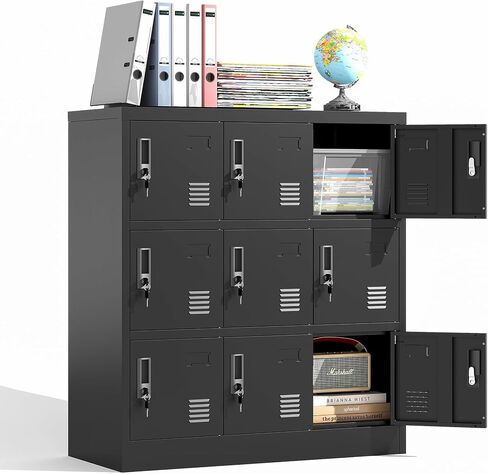 Metal Locker 9 Doors Storage Cabinet with Card Slot and Locks, Steel Storage Lockers for Employee, Office, Home, Gym, Shool, Require Assembly(Black) in Kuwait