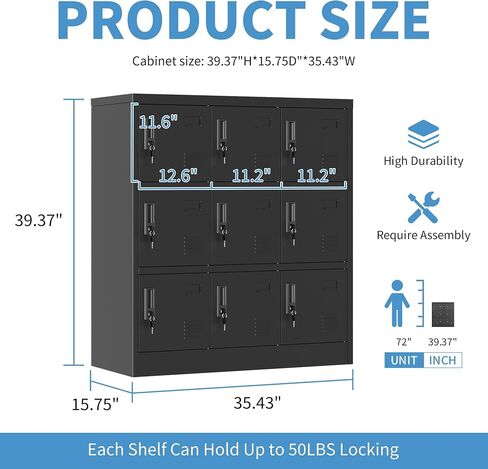 Metal Locker 9 Doors Storage Cabinet with Card Slot and Locks, Steel Storage Lockers for Employee, Office, Home, Gym, Shool, Require Assembly(Black) in Kuwait