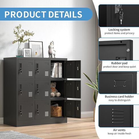 Metal Locker 9 Doors Storage Cabinet with Card Slot and Locks, Steel Storage Lockers for Employee, Office, Home, Gym, Shool, Require Assembly(Black) in Kuwait