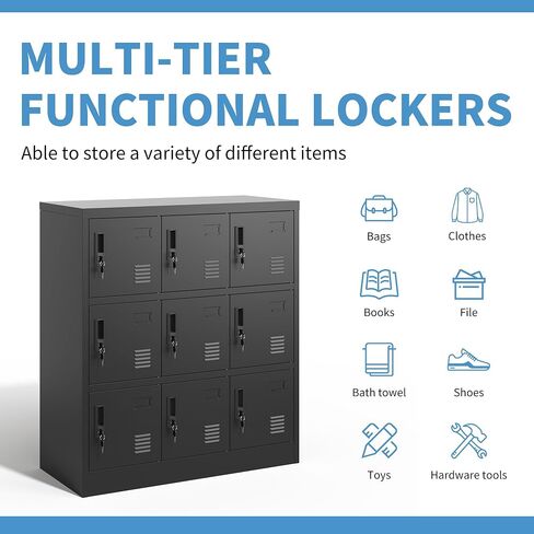 Metal Locker 9 Doors Storage Cabinet with Card Slot and Locks, Steel Storage Lockers for Employee, Office, Home, Gym, Shool, Require Assembly(Black) in Kuwait