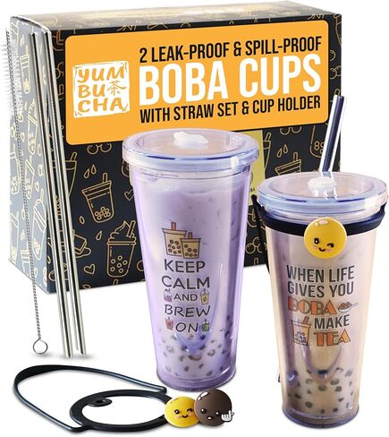 Reusable Boba Tumbler & Straw Set with Stainless Steel Straw - Reusable Bubble Tea Cups - Includes Cup Carrier, Sleeve & Boba Gifts - Gift for Boba Lovers & Tea Enthusiasts 2-Pack in Kuwait