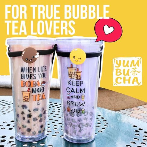 Reusable Boba Tumbler & Straw Set with Stainless Steel Straw - Reusable Bubble Tea Cups - Includes Cup Carrier, Sleeve & Boba Gifts - Gift for Boba Lovers & Tea Enthusiasts 2-Pack in Kuwait