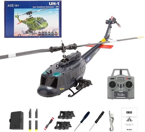C032 UH-1 Huey RC Helicopter للبالغين-1/48 مقياس 2.4G 6CH FLYBARLING REMOTE HELICOPTER MODEL ، طائرة ثلاثية الأبعاد ، طائرة RC عالية الدقة (فم القرش (3 بطاريات)) in Saudi Arabia