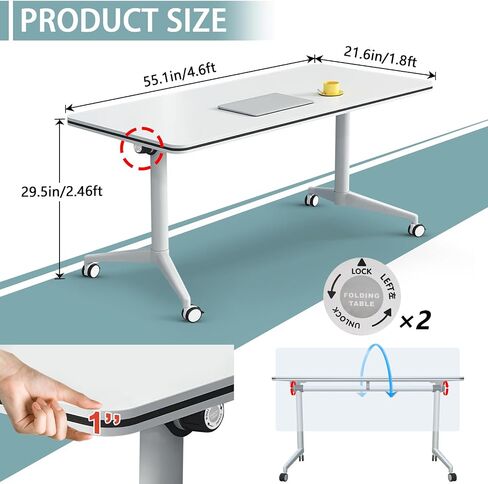 Conference Table White,Folding Rectangular Flip Top Conference Room Tables with Wheels for Large Meeting Seminar Home Office Classr (2, 55.1in) in Saudi Arabia