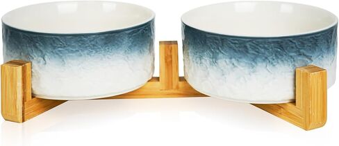 YOBRO Elegant Dog Bowls Set for Medium Dogs, Beautiful Ceramic Stone Alike Style, Pet Bowl Set with Wooden Stand, Non-Slip, Modern Food or Water Breeds Dishs, Gifts for Dog Owners, Green in Kuwait