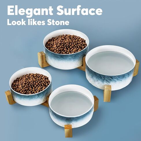 YOBRO Elegant Dog Bowls Set for Medium Dogs, Beautiful Ceramic Stone Alike Style, Pet Bowl Set with Wooden Stand, Non-Slip, Modern Food or Water Breeds Dishs, Gifts for Dog Owners, Green in Kuwait
