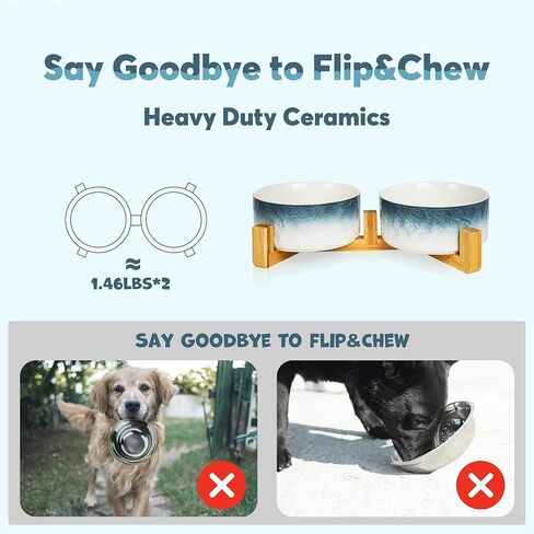 YOBRO Elegant Dog Bowls Set for Medium Dogs, Beautiful Ceramic Stone Alike Style, Pet Bowl Set with Wooden Stand, Non-Slip, Modern Food or Water Breeds Dishs, Gifts for Dog Owners, Green in Kuwait