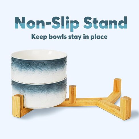 YOBRO Elegant Dog Bowls Set for Medium Dogs, Beautiful Ceramic Stone Alike Style, Pet Bowl Set with Wooden Stand, Non-Slip, Modern Food or Water Breeds Dishs, Gifts for Dog Owners, Green in Kuwait