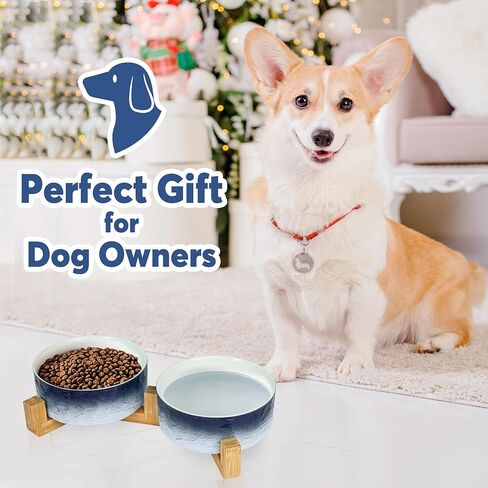 YOBRO Elegant Dog Bowls Set for Medium Dogs, Beautiful Ceramic Stone Alike Style, Pet Bowl Set with Wooden Stand, Non-Slip, Modern Food or Water Breeds Dishs, Gifts for Dog Owners, Green in Kuwait