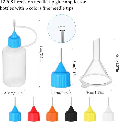 12 Pcs Needle Tip Squeeze Bottle, 30 ML Glue Bottles with 5 Mini Funnels, Precision Tip Applicator Bottles for Small Gluing Projects, Paper Quilling DIY Craft, Acrylic Ink Painting (6 Colors) in Saudi Arabia