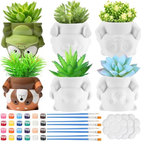 Chuangdi 6 Sets DIY Ceramic Succulent Pots Animal Ceramic to Paint Small Paint Your Own Succulent Pot Unpainted Planters with Drainage Hole Color Paints Paintbrushes Palettes for Craft(Novel Style) in Saudi Arabia