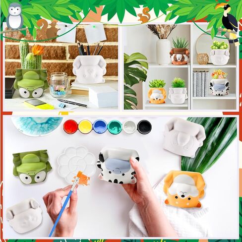 Chuangdi 6 Sets DIY Ceramic Succulent Pots Animal Ceramic to Paint Small Paint Your Own Succulent Pot Unpainted Planters with Drainage Hole Color Paints Paintbrushes Palettes for Craft(Novel Style) in Saudi Arabia