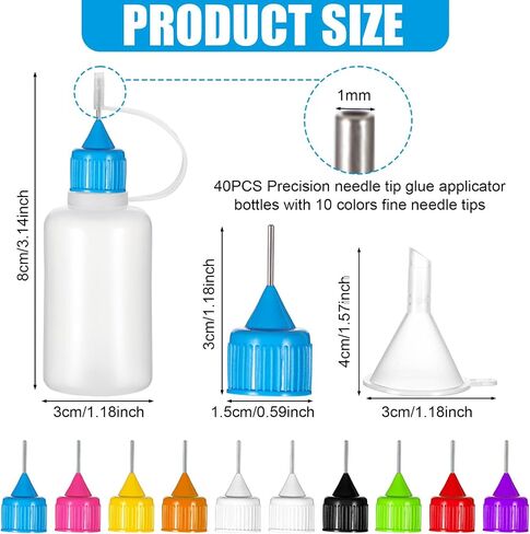 40 Pcs Glue Applicator Bottles 30ML/ 1OZ 10 Colors Precision Needle Tip Squeeze Bottle Fine Head Mini Funnel Painting Accessories for DIY Paint Paper Quilling Craft Glue Ink Liquid Acrylic Party Class in Saudi Arabia