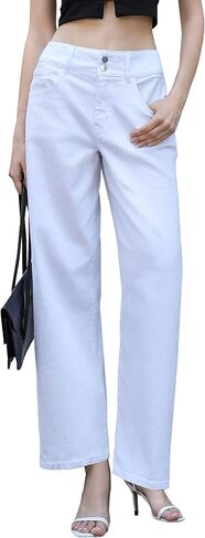 اوف لاك بنطلون جينز فضفاض بخصر مرتفع وارجل واسعة، جينز بوي فريند بنمط التسعينيات مع جيوب in Kuwait