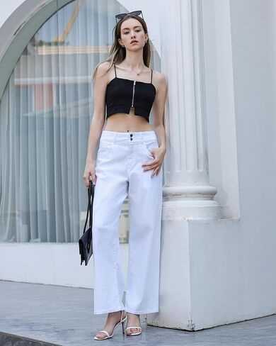 اوف لاك بنطلون جينز فضفاض بخصر مرتفع وارجل واسعة، جينز بوي فريند بنمط التسعينيات مع جيوب in Kuwait