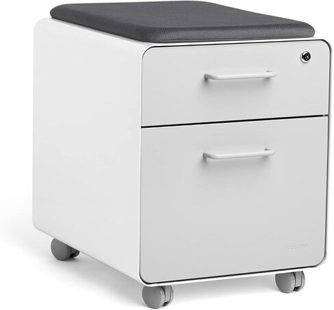 Poppin Mobile Mini Sittable Stow Rolling File Cabinet - White & Light Gray w Dark Gray Seat Cushion. Two Locking Drawers & One Key Lock. Two Keys Included. One Utility Drawer & One Hanging File Drawer in Saudi Arabia