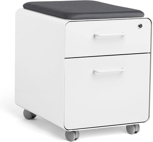 Poppin Mobile Mini Sittable Stow Rolling File Cabinet - White & Light Gray w Dark Gray Seat Cushion. Two Locking Drawers & One Key Lock. Two Keys Included. One Utility Drawer & One Hanging File Drawer in Saudi Arabia