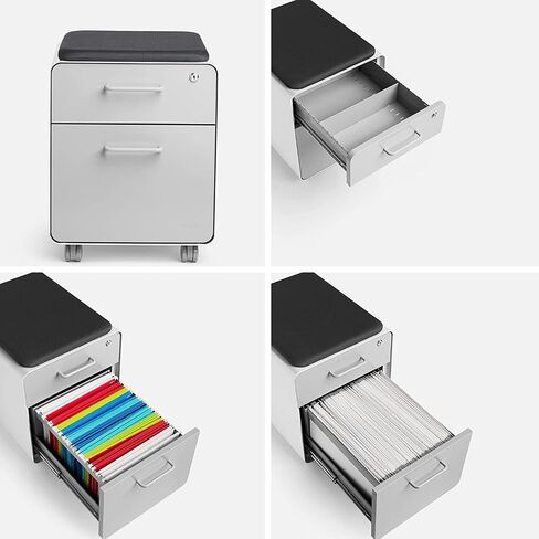 Poppin Mobile Mini Sittable Stow Rolling File Cabinet - White & Light Gray w Dark Gray Seat Cushion. Two Locking Drawers & One Key Lock. Two Keys Included. One Utility Drawer & One Hanging File Drawer in Saudi Arabia