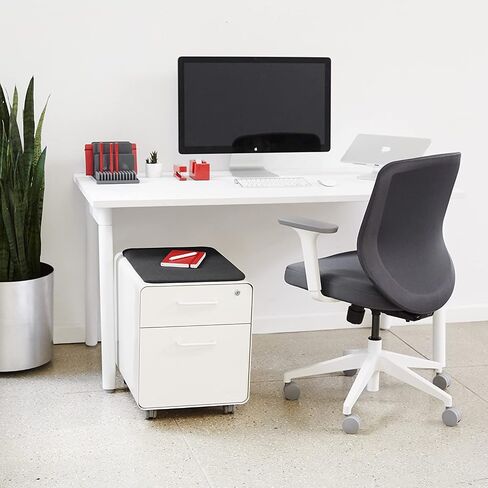 Poppin Mobile Mini Sittable Stow Rolling File Cabinet - White & Light Gray w Dark Gray Seat Cushion. Two Locking Drawers & One Key Lock. Two Keys Included. One Utility Drawer & One Hanging File Drawer in Saudi Arabia