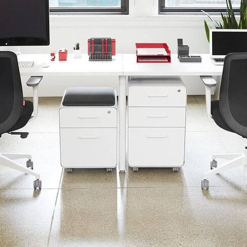 Poppin Mobile Mini Sittable Stow Rolling File Cabinet - White & Light Gray w Dark Gray Seat Cushion. Two Locking Drawers & One Key Lock. Two Keys Included. One Utility Drawer & One Hanging File Drawer in Saudi Arabia