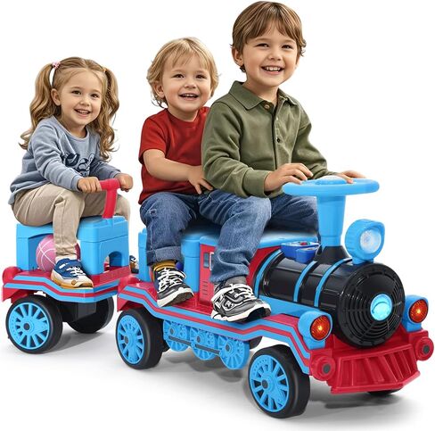 JOYLDIAS 2 Seater Ride On Train with Detachable Carriage, 12V Kids Ride On Toy with Music, Train Honk, Lights, High/Low Speed and Storage, Electric Car for Kids Aged 3+, Blue in Saudi Arabia
