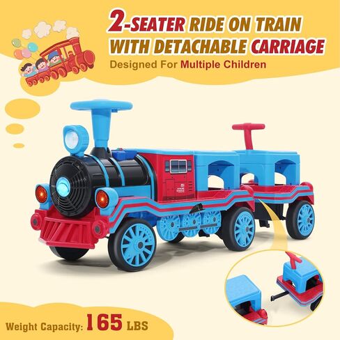 JOYLDIAS 2 Seater Ride On Train with Detachable Carriage, 12V Kids Ride On Toy with Music, Train Honk, Lights, High/Low Speed and Storage, Electric Car for Kids Aged 3+, Blue in Saudi Arabia