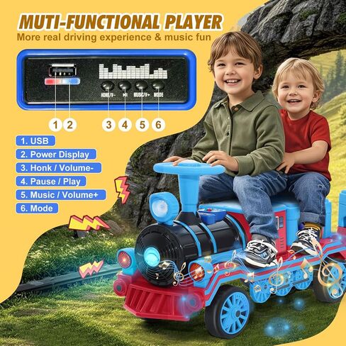 JOYLDIAS 2 Seater Ride On Train with Detachable Carriage, 12V Kids Ride On Toy with Music, Train Honk, Lights, High/Low Speed and Storage, Electric Car for Kids Aged 3+, Blue in Saudi Arabia