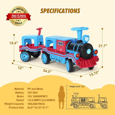 JOYLDIAS 2 Seater Ride On Train with Detachable Carriage, 12V Kids Ride On Toy with Music, Train Honk, Lights, High/Low Speed and Storage, Electric Car for Kids Aged 3+, Blue in Saudi Arabia