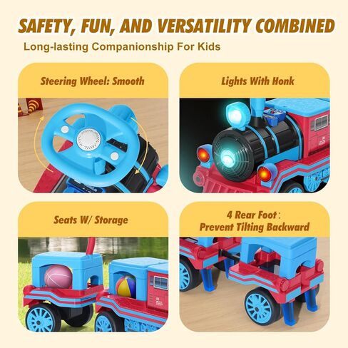 JOYLDIAS 2 Seater Ride On Train with Detachable Carriage, 12V Kids Ride On Toy with Music, Train Honk, Lights, High/Low Speed and Storage, Electric Car for Kids Aged 3+, Blue in Saudi Arabia