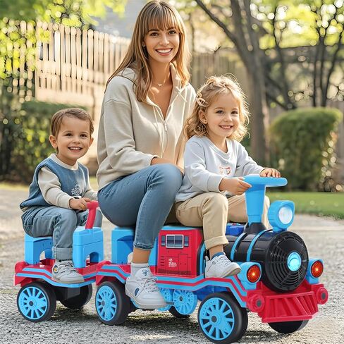 JOYLDIAS 2 Seater Ride On Train with Detachable Carriage, 12V Kids Ride On Toy with Music, Train Honk, Lights, High/Low Speed and Storage, Electric Car for Kids Aged 3+, Blue in Saudi Arabia